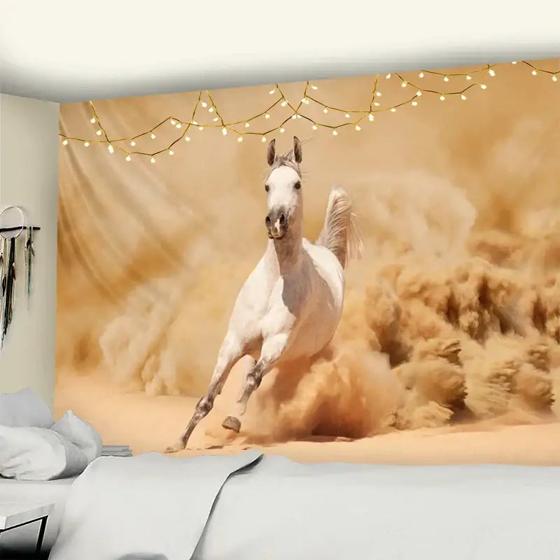 Autumn nature galloping horse tapestry wall hanging with white arabian horse and string lights for living room decorbites galloping horse