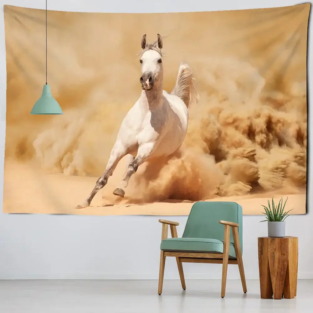 A vibrant decorbites galloping horse tapestry wall hanging with a white horse galloping through golden sand for living room decor