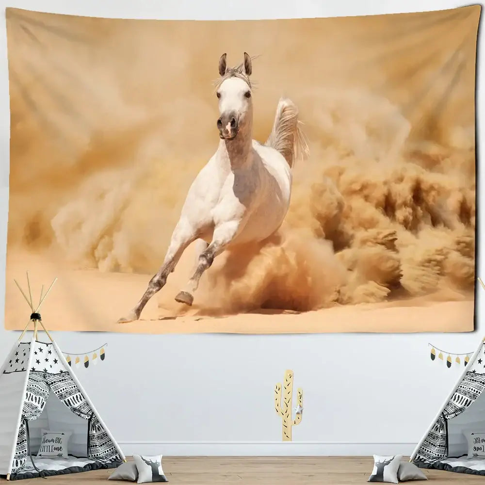 White arabian galloping horse tapestry wall hanging with golden sand design perfect for living room decorbites galloping horse