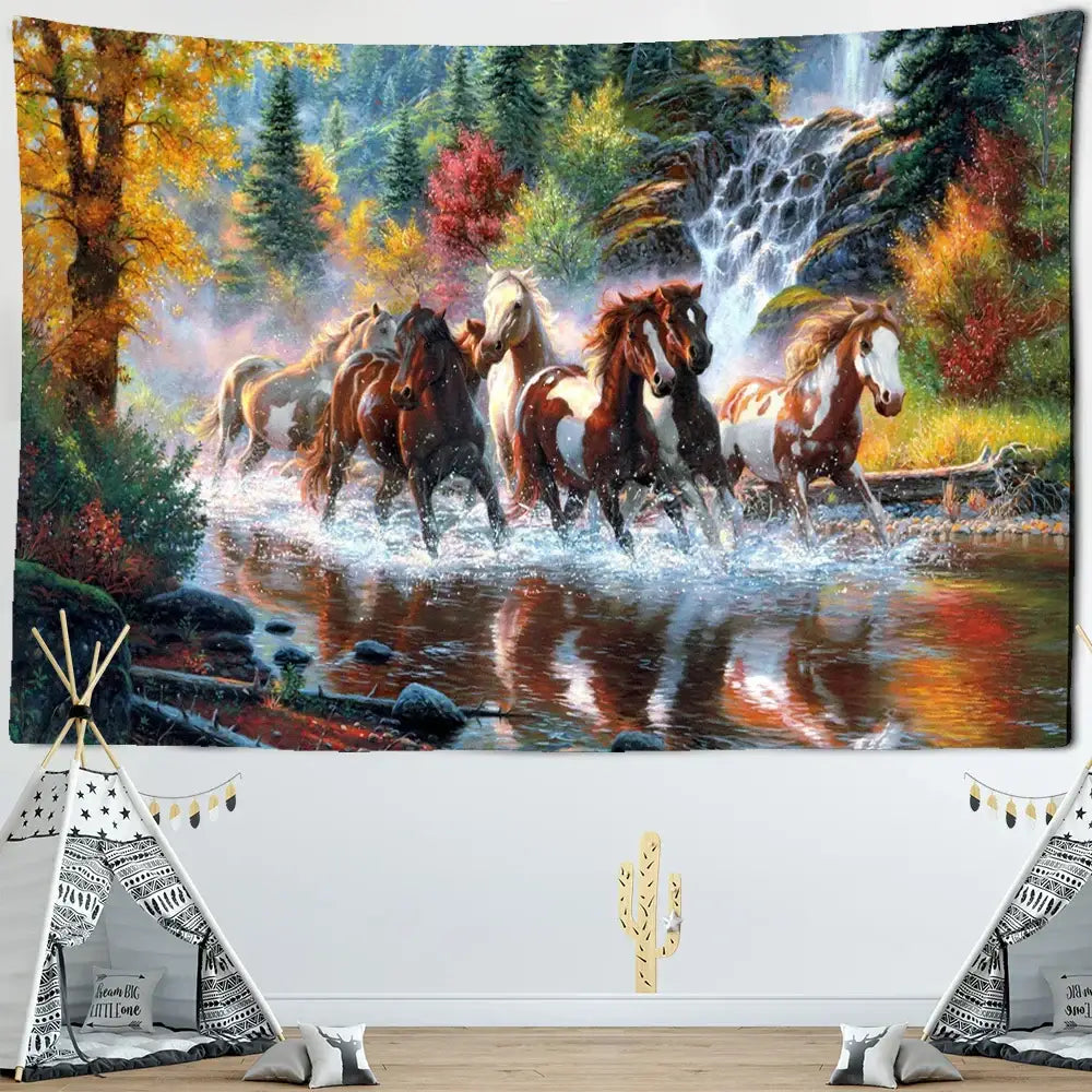 Autumn nature galloping horse tapestry featuring brown white and black horses with waterfall for decorbites galloping horse wall decor