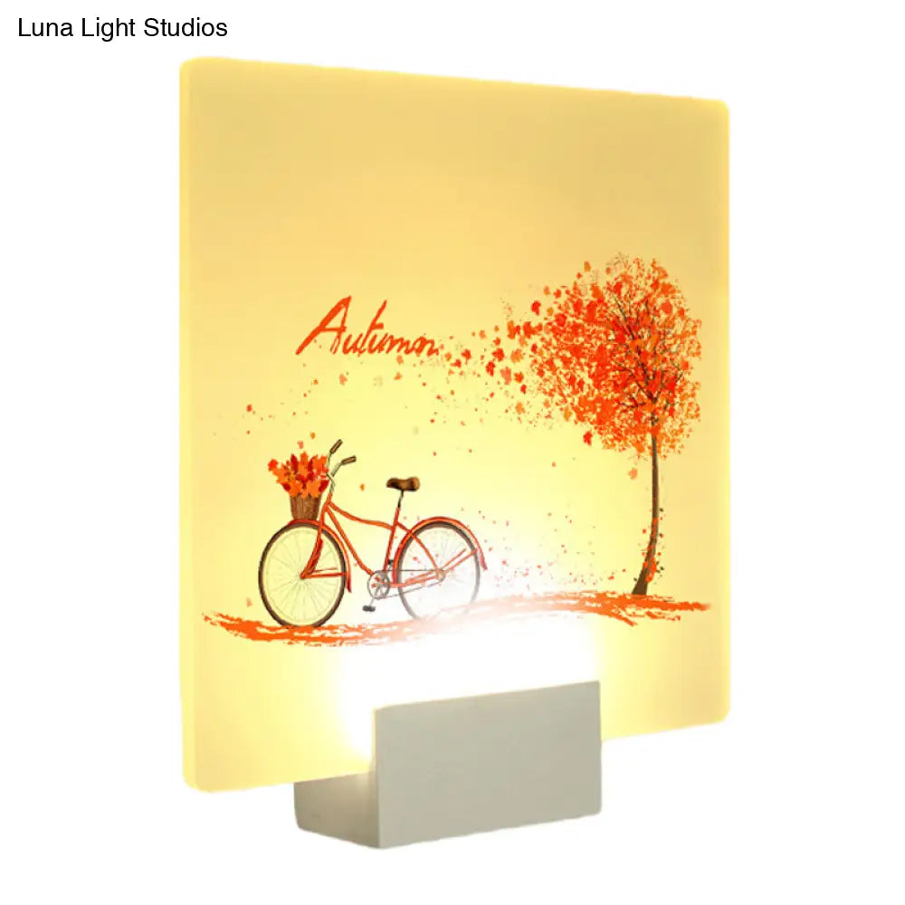 Lámpara de pared LED acrílica con diseño de árbol otoñal y bicicleta – Inspirada en el diseño chino, diseño cuadrado