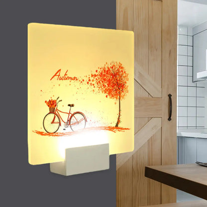 Lámpara de pared LED acrílica con diseño de árbol otoñal y bicicleta – Inspirada en el diseño chino, diseño cuadrado