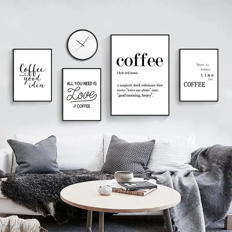 Minimalist black-framed decorbites awakened aromas canvas print set featuring black and white coffee-themed kitchen wall art