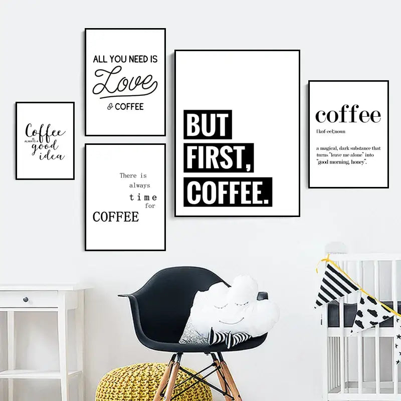 Black eames-style chair with wooden legs and white cloud pillow beside decorbites awakened aromas canvas print wall art