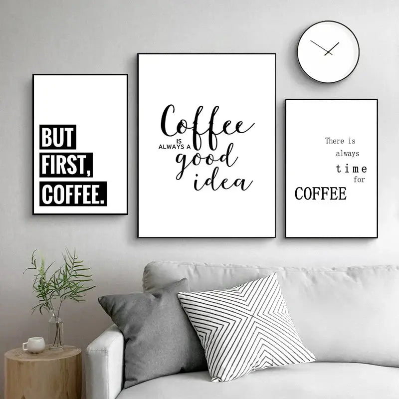 Minimalist black-and-white framed coffee-themed wall art set from decorbites awakened aromas canvas for kitchen decor