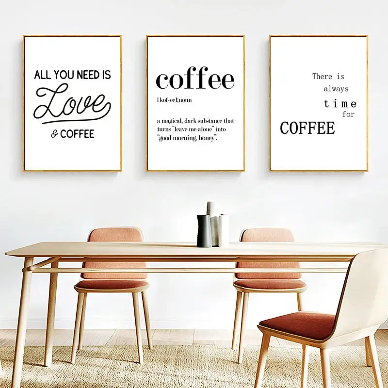 Three framed decorbites awakened aromas canvas prints with minimalist black text on white backgrounds in gold frames