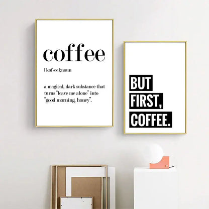 Two minimalist black text awaken aromas canvas prints in thin gold frames for kitchen coffee decorbites awakened aromas