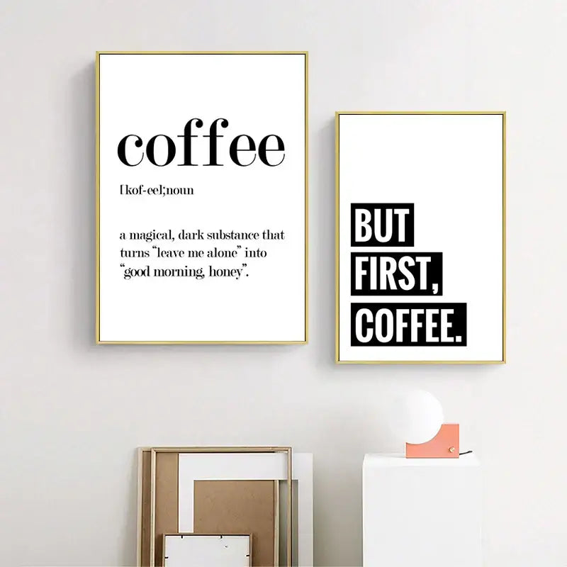 Two minimalist black text awaken aromas canvas prints in thin gold frames for kitchen coffee decorbites awakened aromas