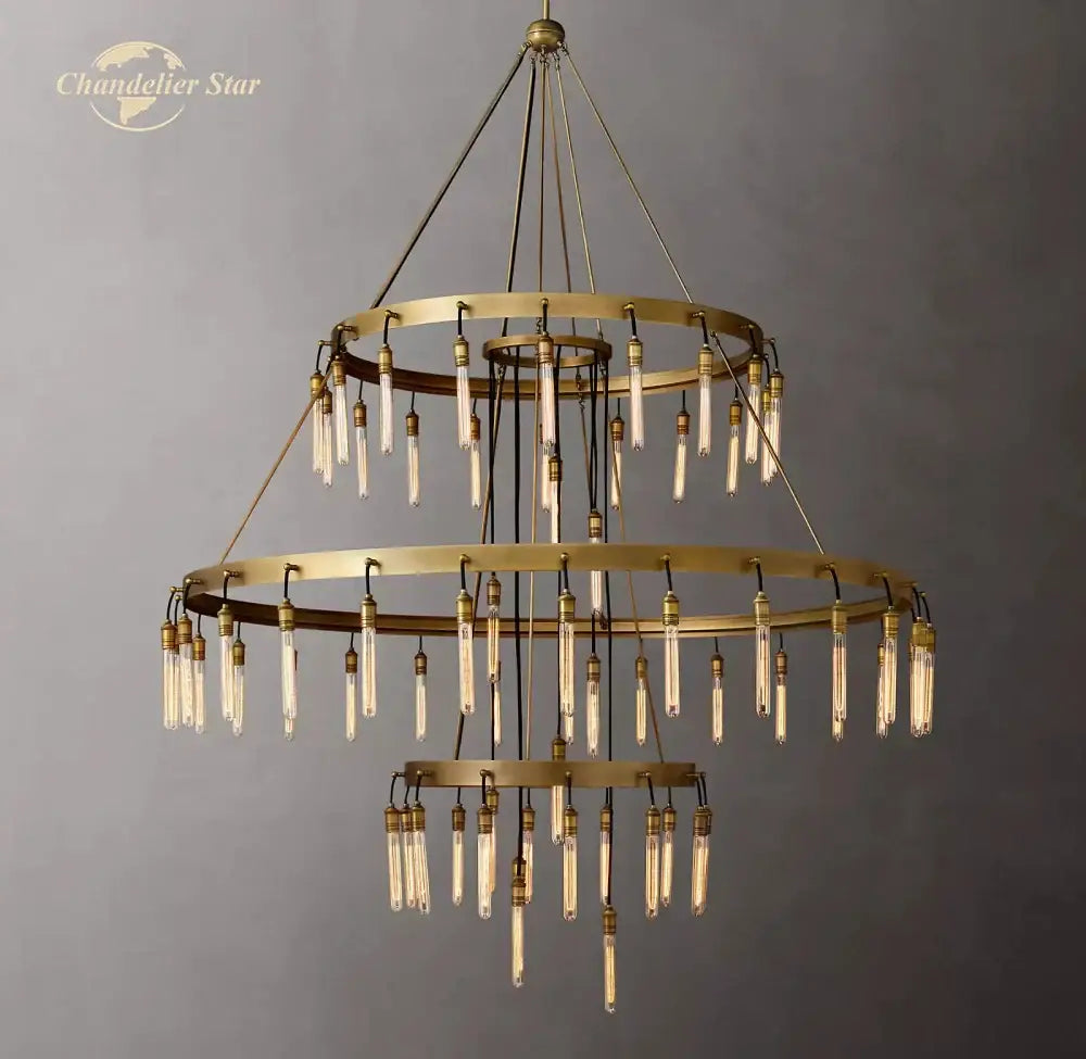 Axis black brass led round chandelier with double-tier brass and hanging Edison-style bulbs for living room lighting