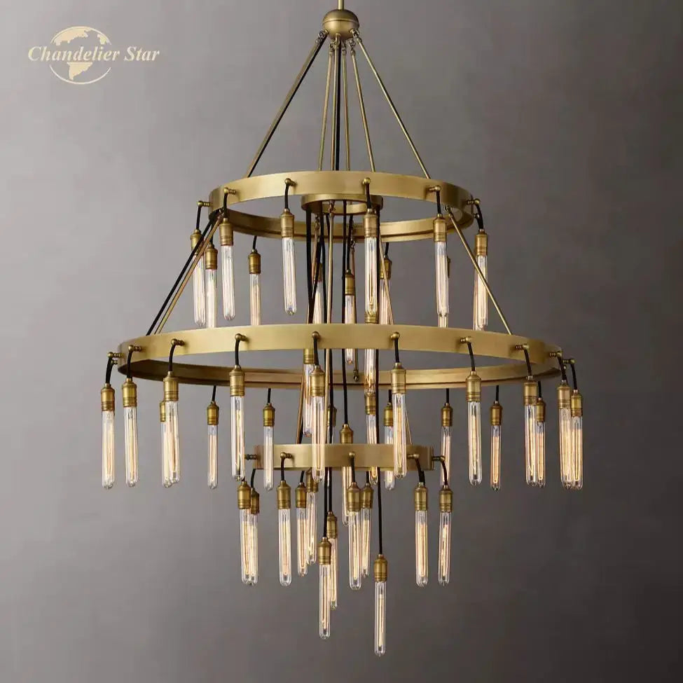Axis black brass led round chandelier featuring brass-toned tiered design with hanging edison-style glass bulbs for living rooms