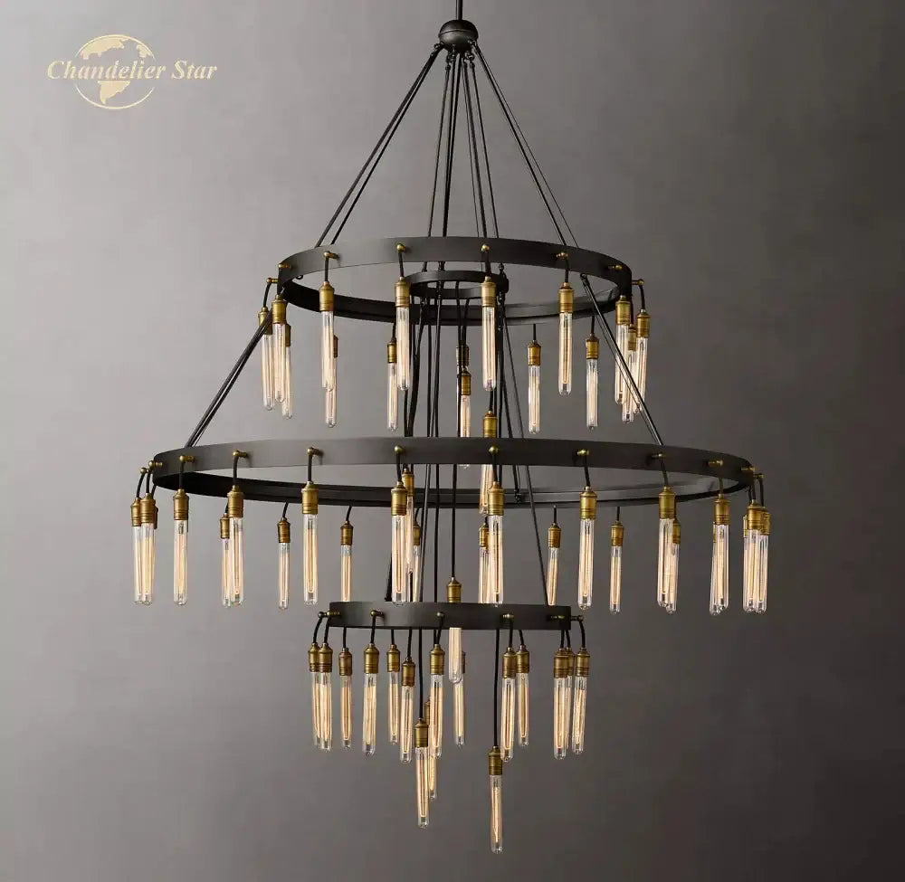 Axis black brass led round chandelier in black metal with three tiers of hanging edison bulbs for living room lighting