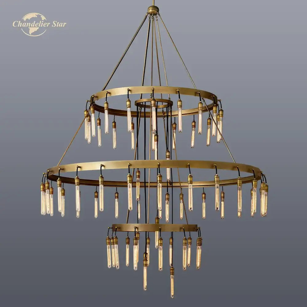 Axis black brass led round chandelier featuring a double-tier brass design with hanging glass tube bulbs for living rooms