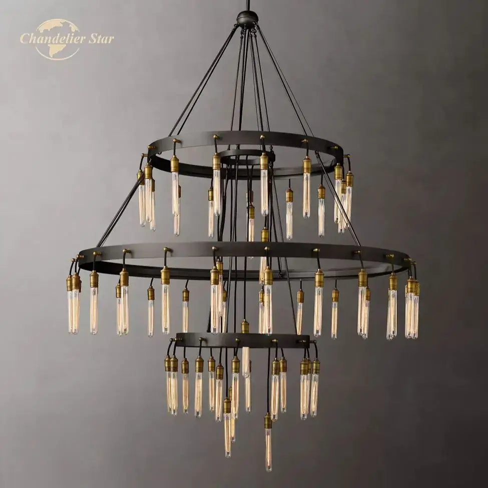 Industrial-style axis black brass led round chandelier with three tiers of black metal rings and clear glass bulbs