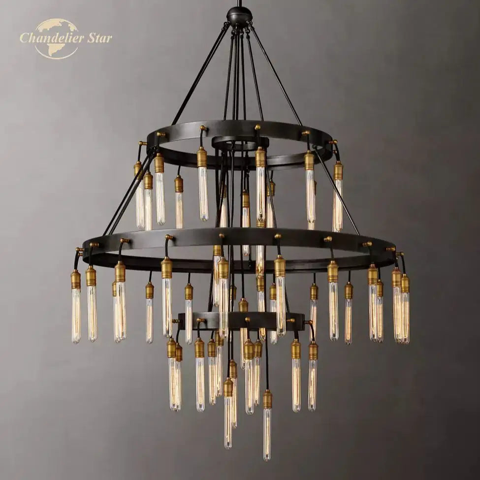 Axis black brass led round chandelier featuring two tiers of black metal rings and brass capped glass filament bulbs