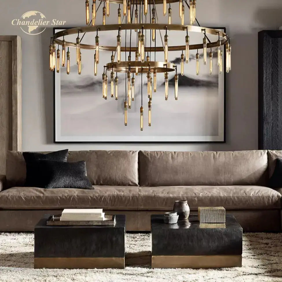 Axis black brass led round chandelier featuring multiple circular tiers with hanging glass tubes for living room lighting