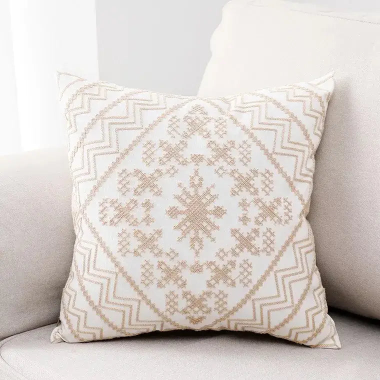 Cream-colored aztec embroidery canvas cushion cover with intricate beige geometric patterns for living room throw pillow