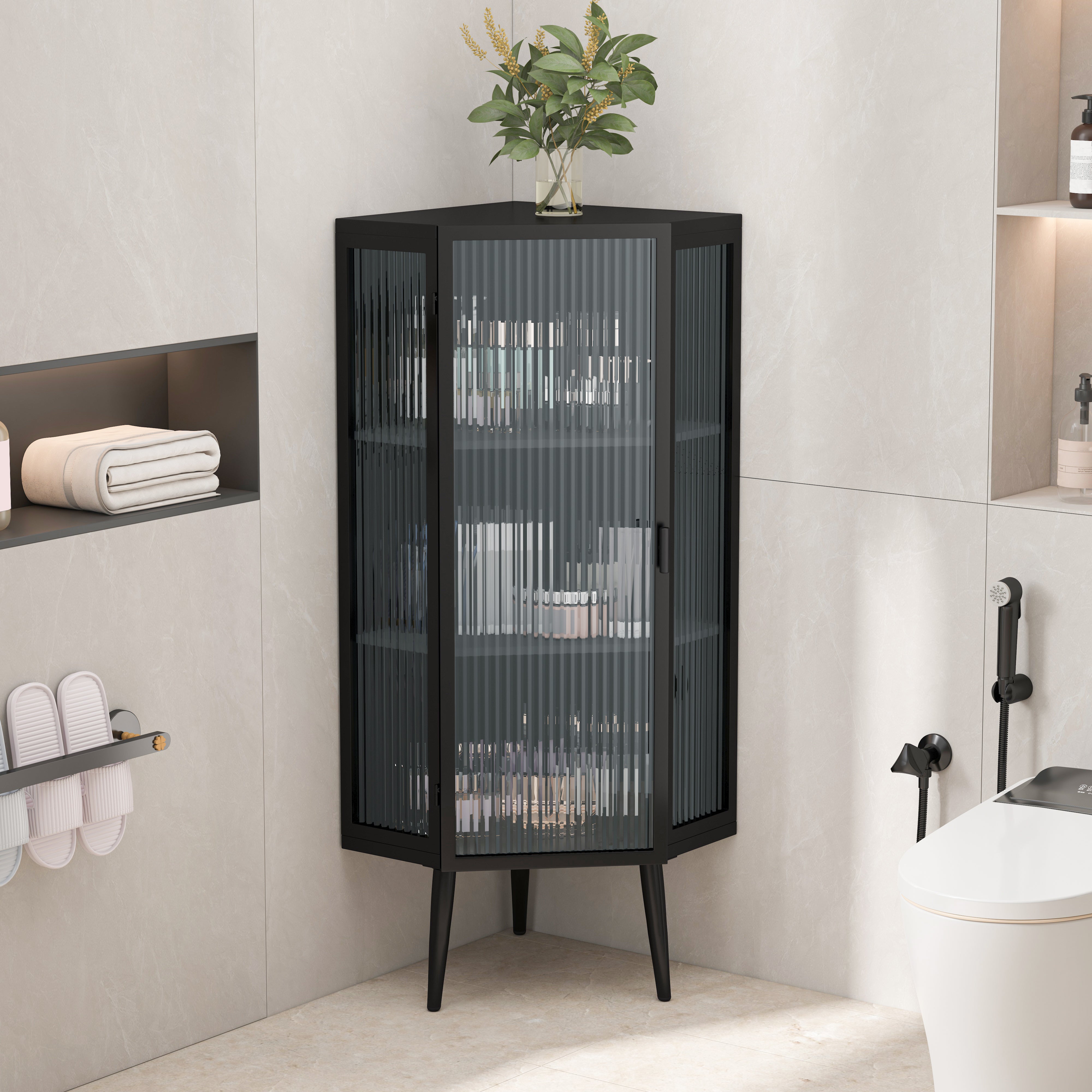 Gabinete de Esquina para Piso de 22.25'', Tres Niveles con Puertas de Vidrio Templado y Estantes de Almacenamiento para Baño, Sala de Estar y Dormitorio Negro