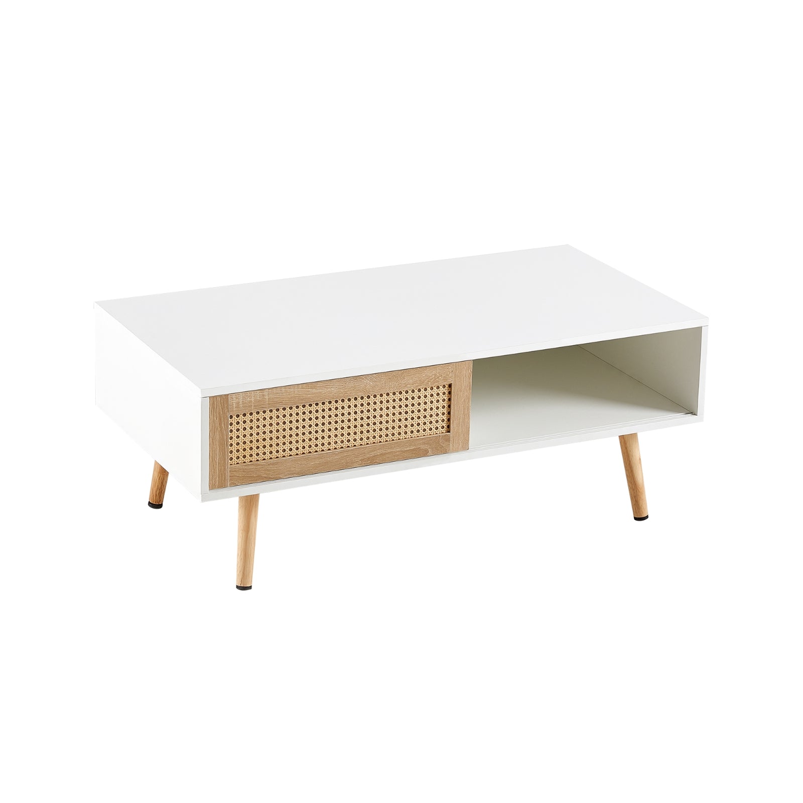 Mesa de Café de Ratán con Puerta Corredera y Patas de Madera Maciza - Sala de Estar Moderna