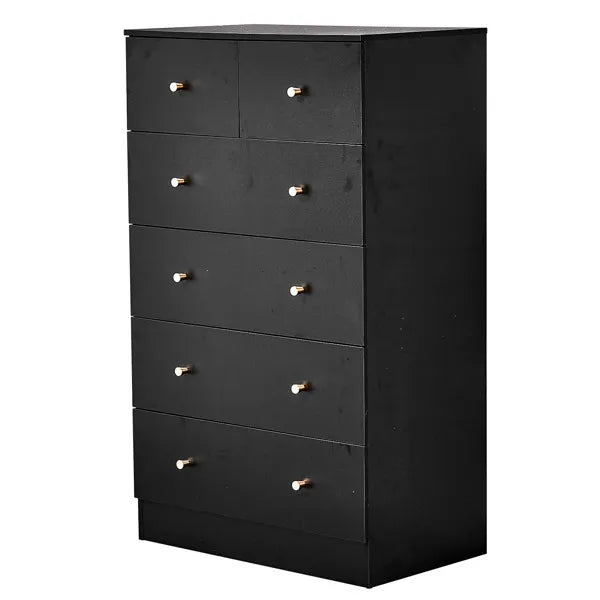 Tablero de partículas con acabado negro mate y chapa de melamina, 66*40*111 cm, gabinete con 4+2 cajones, asas de oro mate