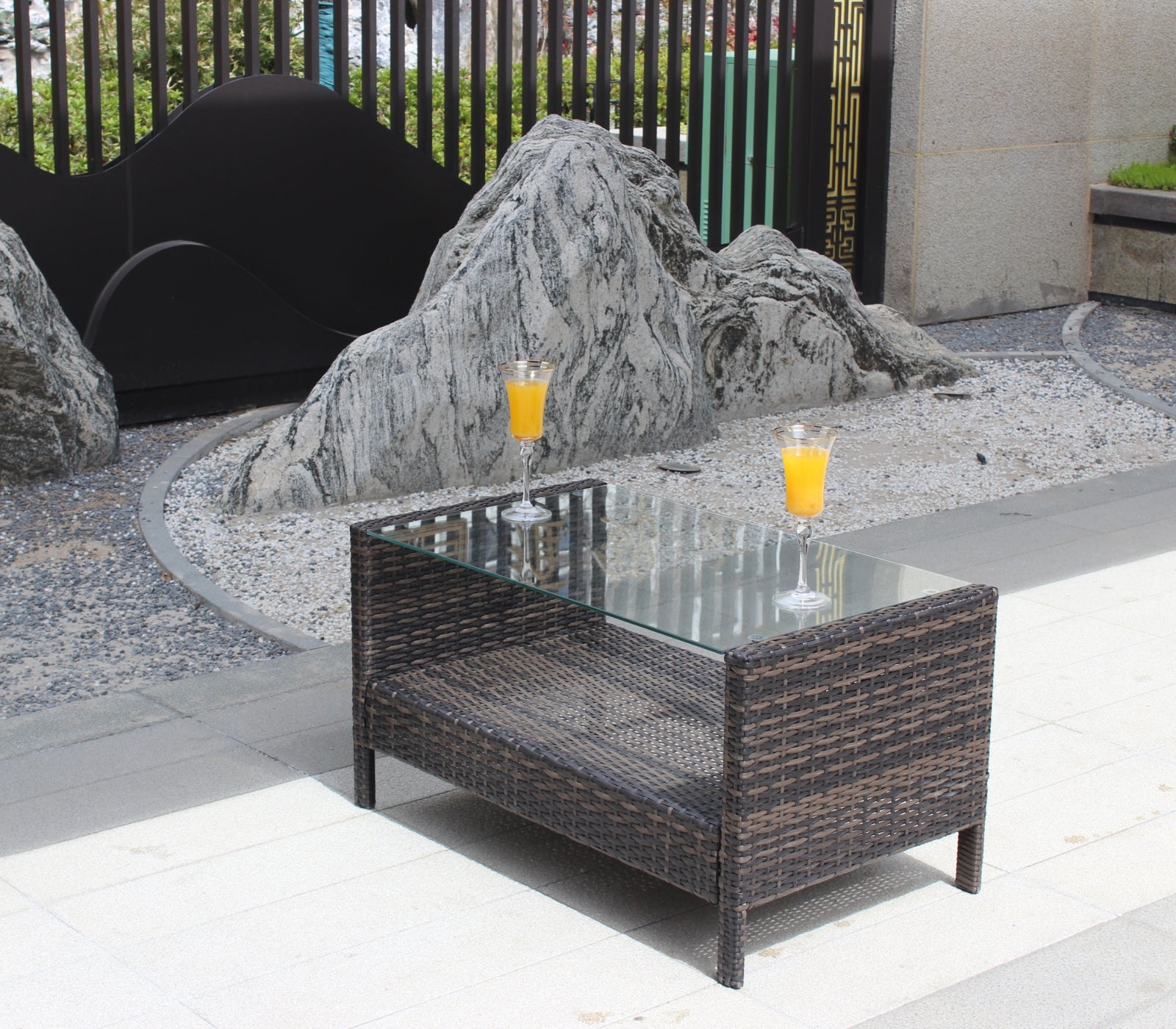 Brown Iron Coffee Table Tempered Glass Patio