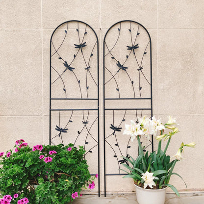 2 Pack Metal Garden Trellis 71" X 19.7" Rustproof Trellis For Climbing Plants Outdoor Flower Support Dragonfly Deco Black
