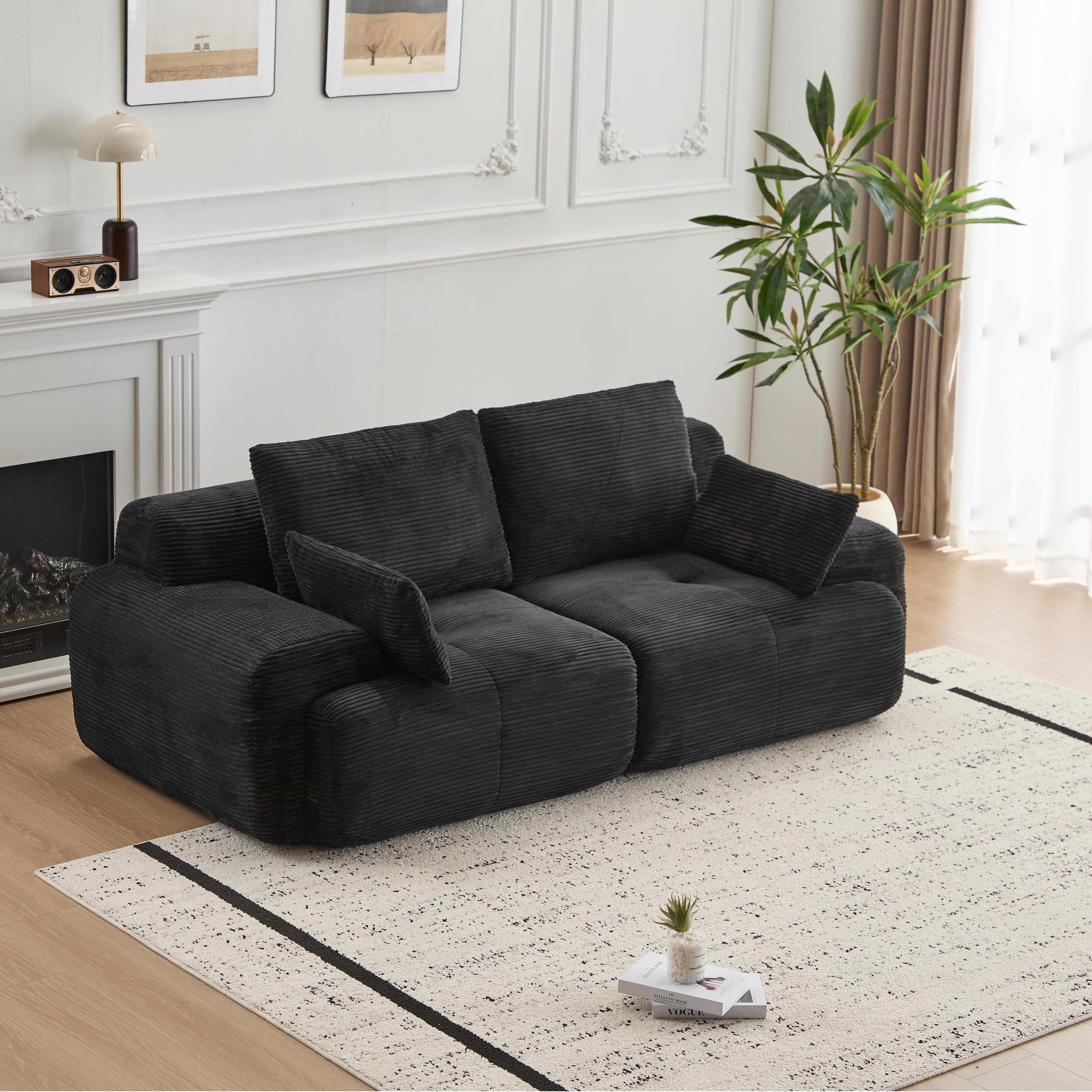 Sofá Comprimido de Espuma de Memoria Moderna, Sofá Seccional Grande de 2 Plazas para Sala de Estar, Sofá Seccional Modular en Forma de Nube Amigable con Mascotas, Tela de Corduroy, Loveseat Extra Profundo, Sin Ensamblaje Requerido, Negro
