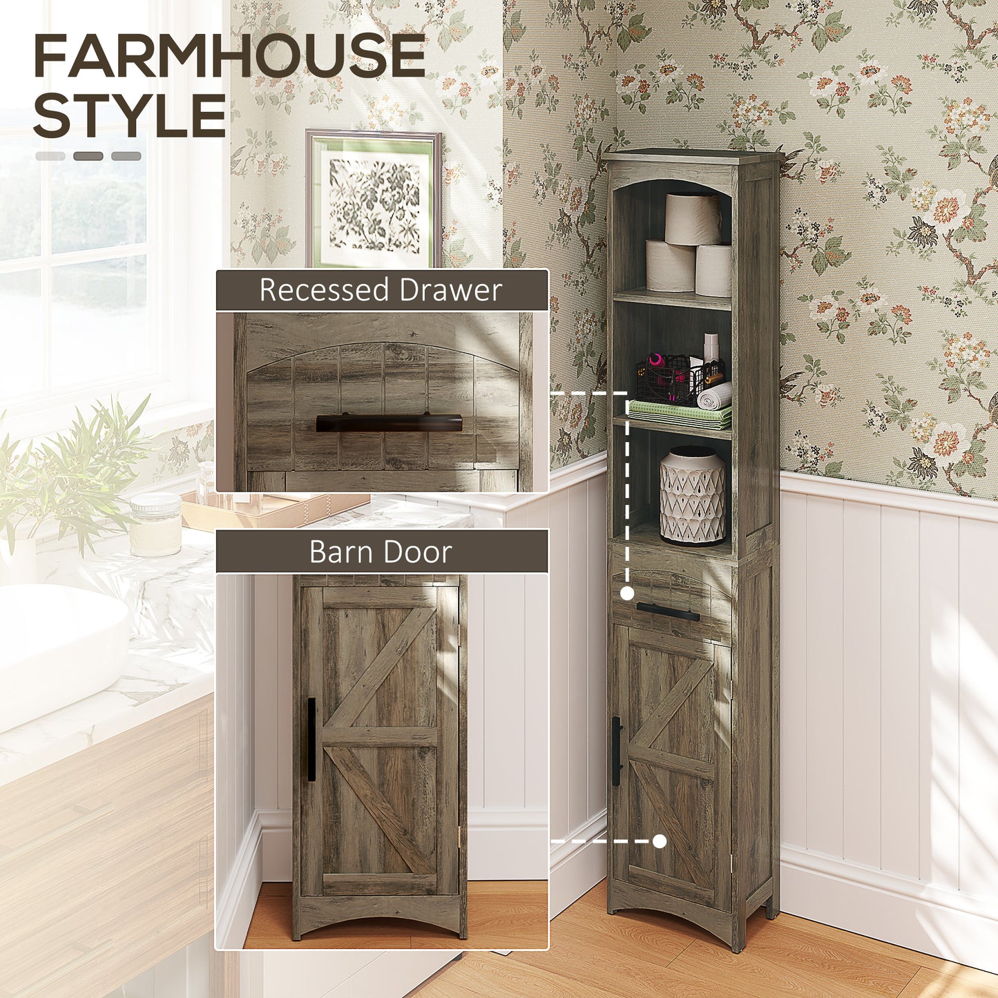 Farmhouse Tall Slim Bathroom Storage Cabinet with Recessed Drawer