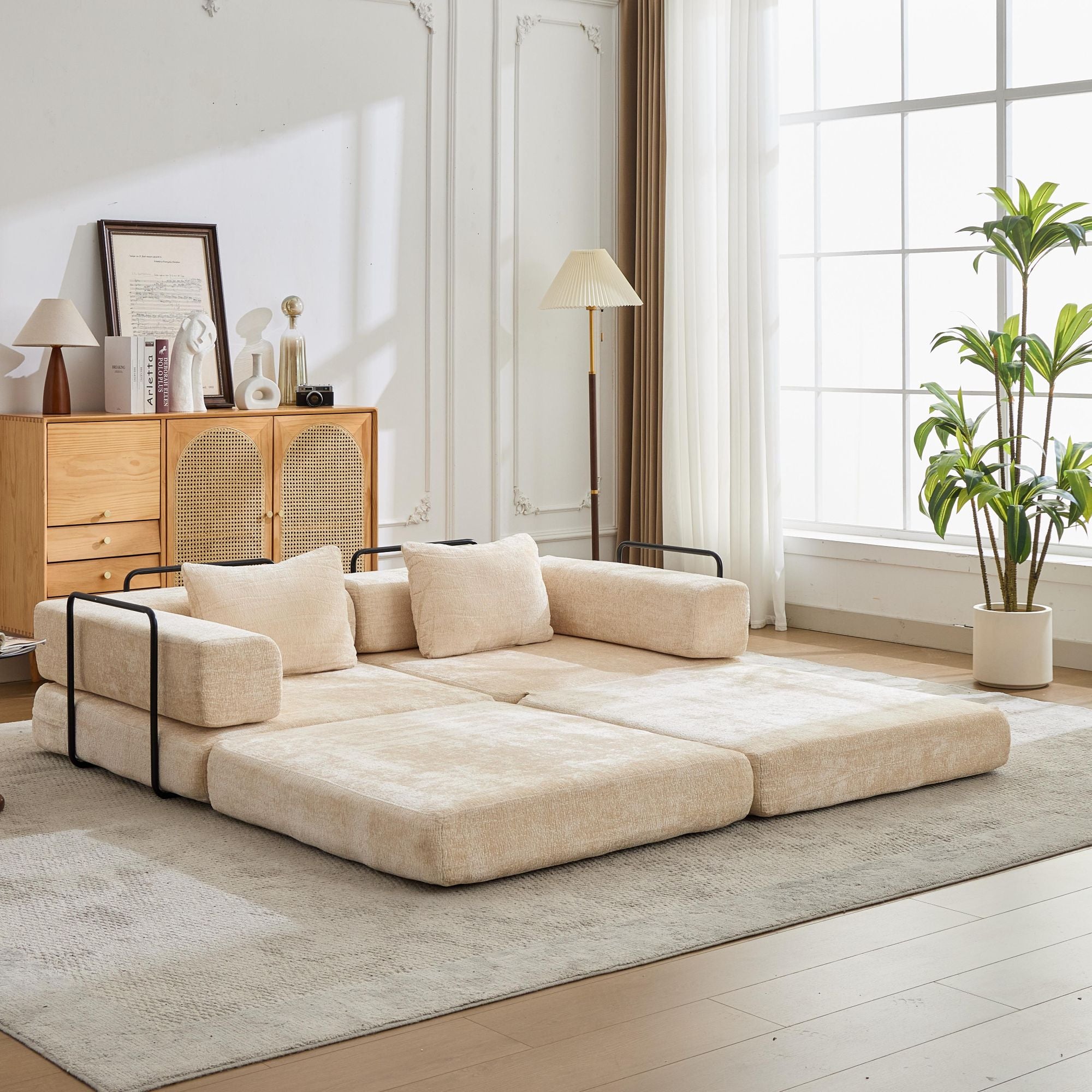 Sofá de Compresión, Sofá Cama Convertible para el Suelo con Marco de Forma Fija, Sofá Seccional Modular sin Huesos para Dos Personas, Sin Ensamblaje Requerido, Tela de Chenille, para Sala de Estar y Dormitorio, Beige