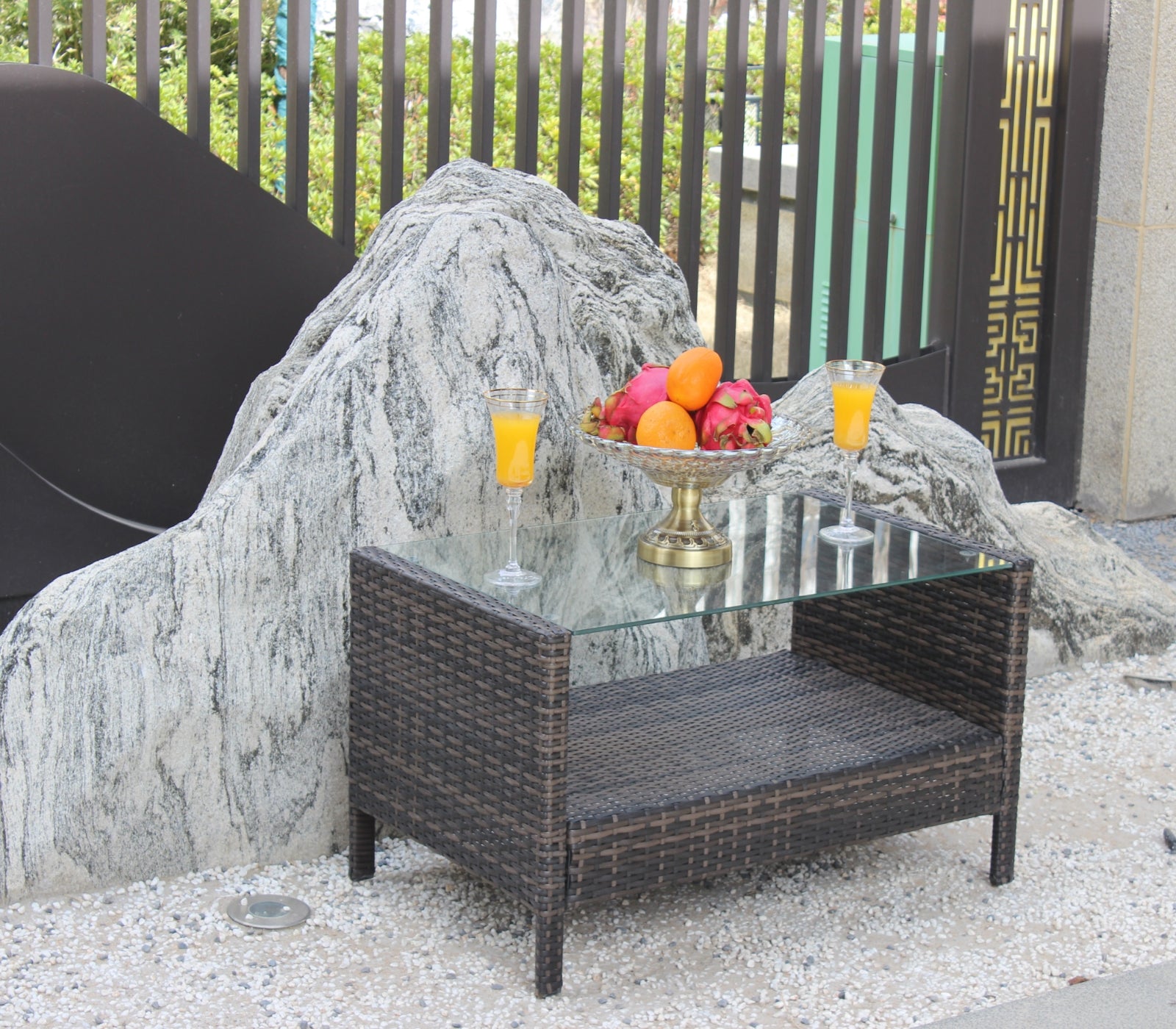 Brown Iron Coffee Table Tempered Glass Patio