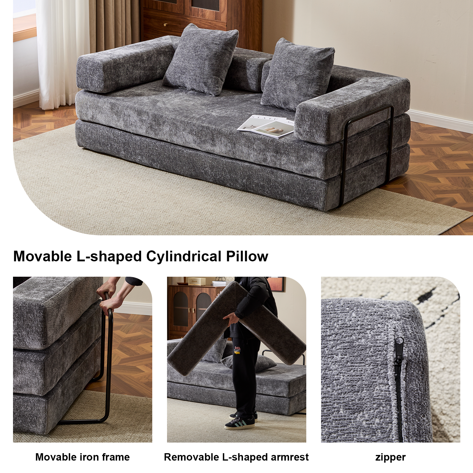 Sofá de Suelo, Sofá de Compresión, Sofá Cama Convertible de Suelo - con Soporte de Espalda en Almohada y Reposabrazos, Sofá Futón Cómodo para Reposar Cama para Dormir, Tela Chenille, para Sala de Estar y Dormitorio GRIS OSCURO