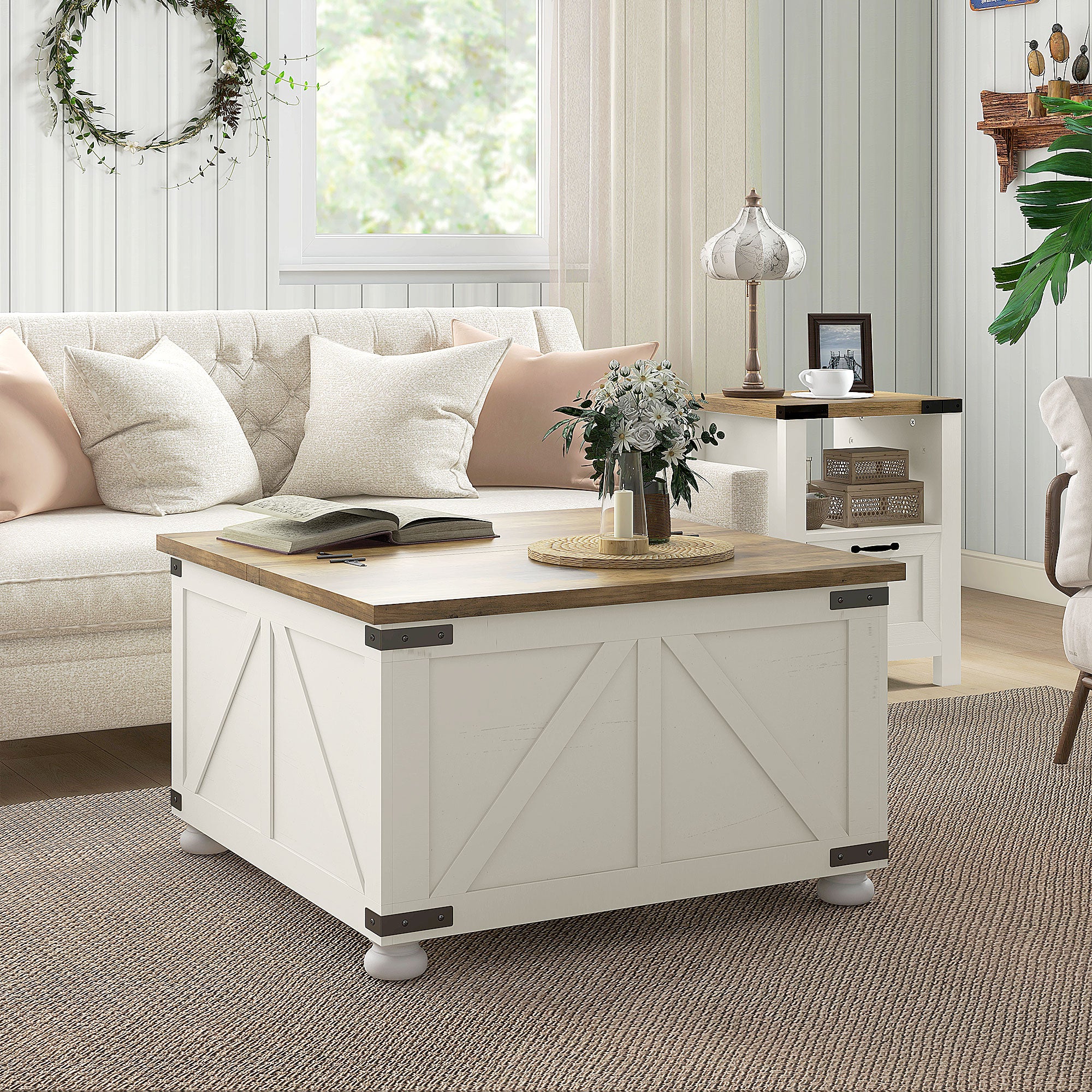 Rustic Wood Storage Table Oak Flip-Top Lids