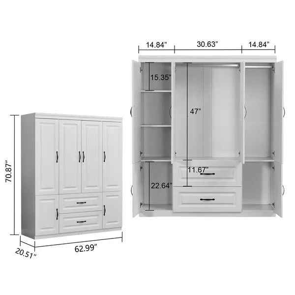 74" H Kleiderschrank mit 2 Türen Holz-Armoire Kleiderschränke Schrank Kleiderschrank Weißer Aufbewahrungsschrank Schlafzimmer-Armoires mit Kleiderstange 2 Schubladen -- 2 Pakete