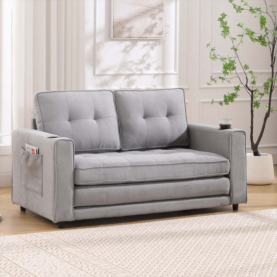 Sofá Futón Tapizado 3 en 1 Convertible en Cama, Loveseat Plegable con Tapizado y Cama Extensible con Colchón Extraíble