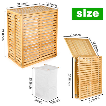 Bamboo Laundry Basket With Lid - Foldable Laundry Basket With 2 Sections Of Removable Lined Pockets For Bathroom, Bedroom And Laundry