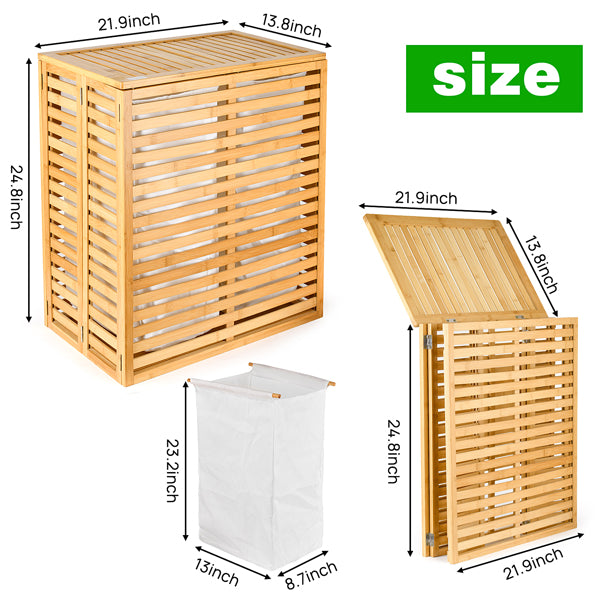Cesta de Lavandería de Bambú con Tapa - Cesta de Lavandería Plegable con 2 Secciones de Bolsillos Forrados Desmontables para Baño, Dormitorio y Lavandería