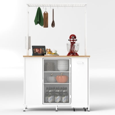 Isla de Cocina con Espacio de Almacenamiento, Barra de Desayuno con Panel Plegable Levadizo, Estantes y Cajones de Gabinete de Almacenamiento Grande, Mesa Grande de Barra de Café con Ganchos, Blanca