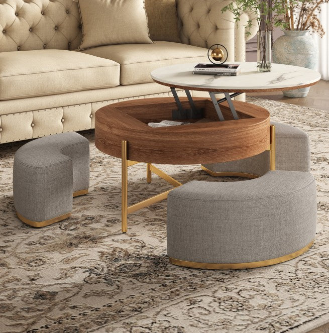 Mesa de Centro con Carga Superior Extensible de 3 Patas Apilable con Almacenamiento Incluye 3 Taburetes