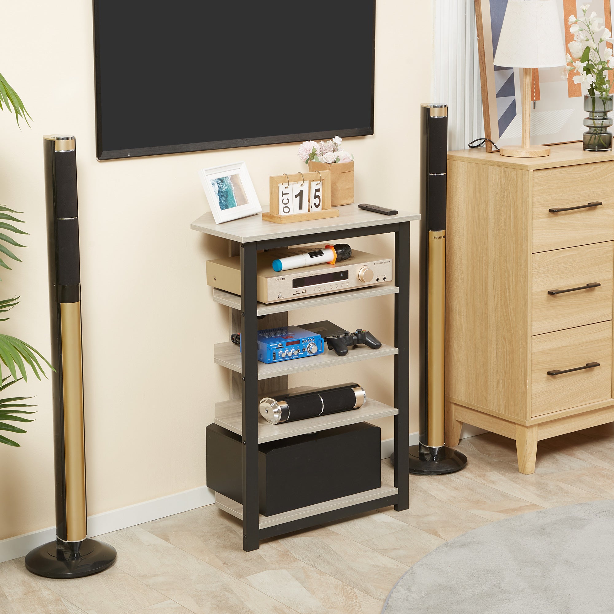 Soporte de Medios con Estantería de Audio de 4 Niveles Estante de Esquina para Medios AV con Gestión de Cables para Reproductores de DVD Consola de Juegos Cable de TV Router WiFi