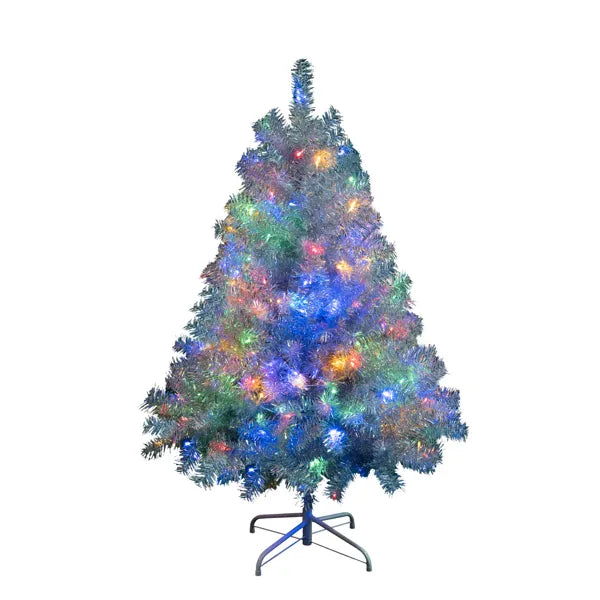 4FT Sliver Pre-Lit Artificial Christmas Tree, Hinged Full Tree With Metal Stand, 400 Branch Tips, 150 LED Lights,11 Lighting Modes, Holiday Decoration Tree For Indoor And Outdoor