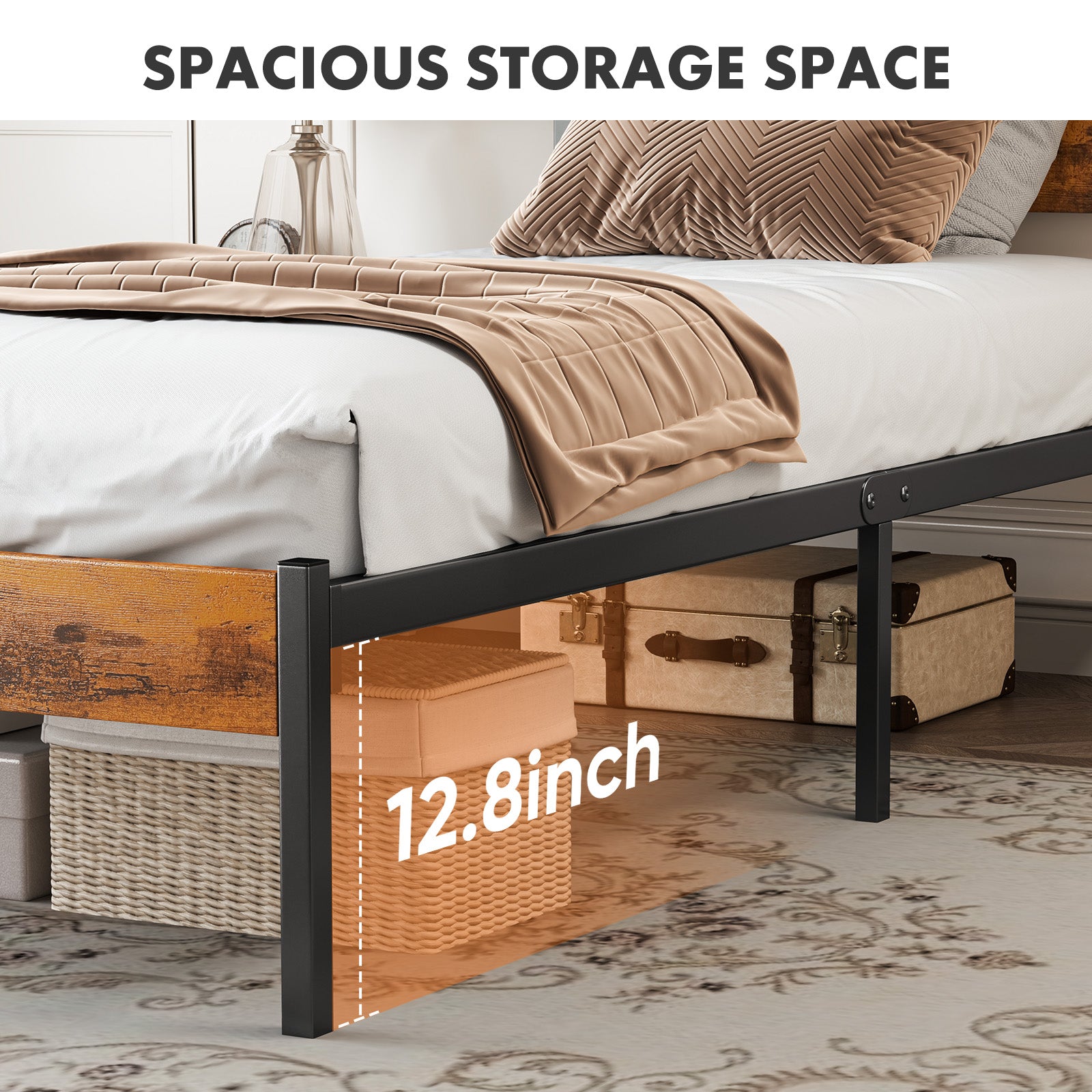 Black Metal Platform Bed Queen Under-Bed Storage