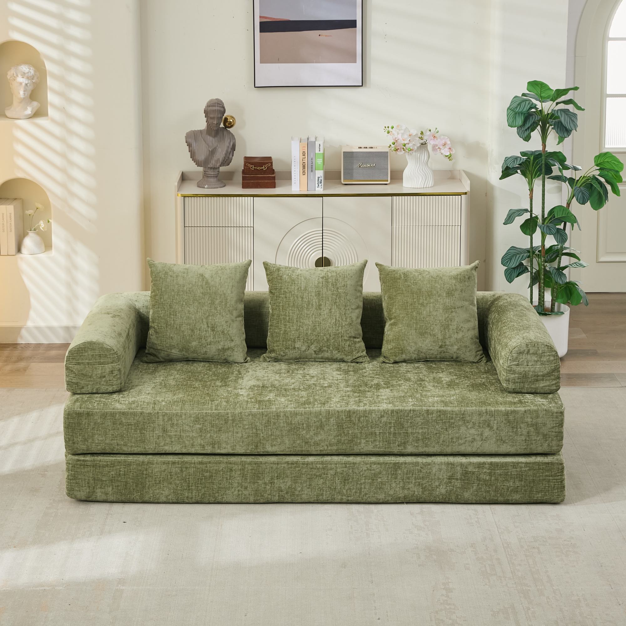 Sofá Colchón Plegable Convertible Cómodo, Sofá Cama para el Suelo, Sofá para el Suelo de Chenille con Reposabrazos, Sofá Lounge para el Suelo para Sala de Estar, Dormitorio, Lounge, Estudio-Verde