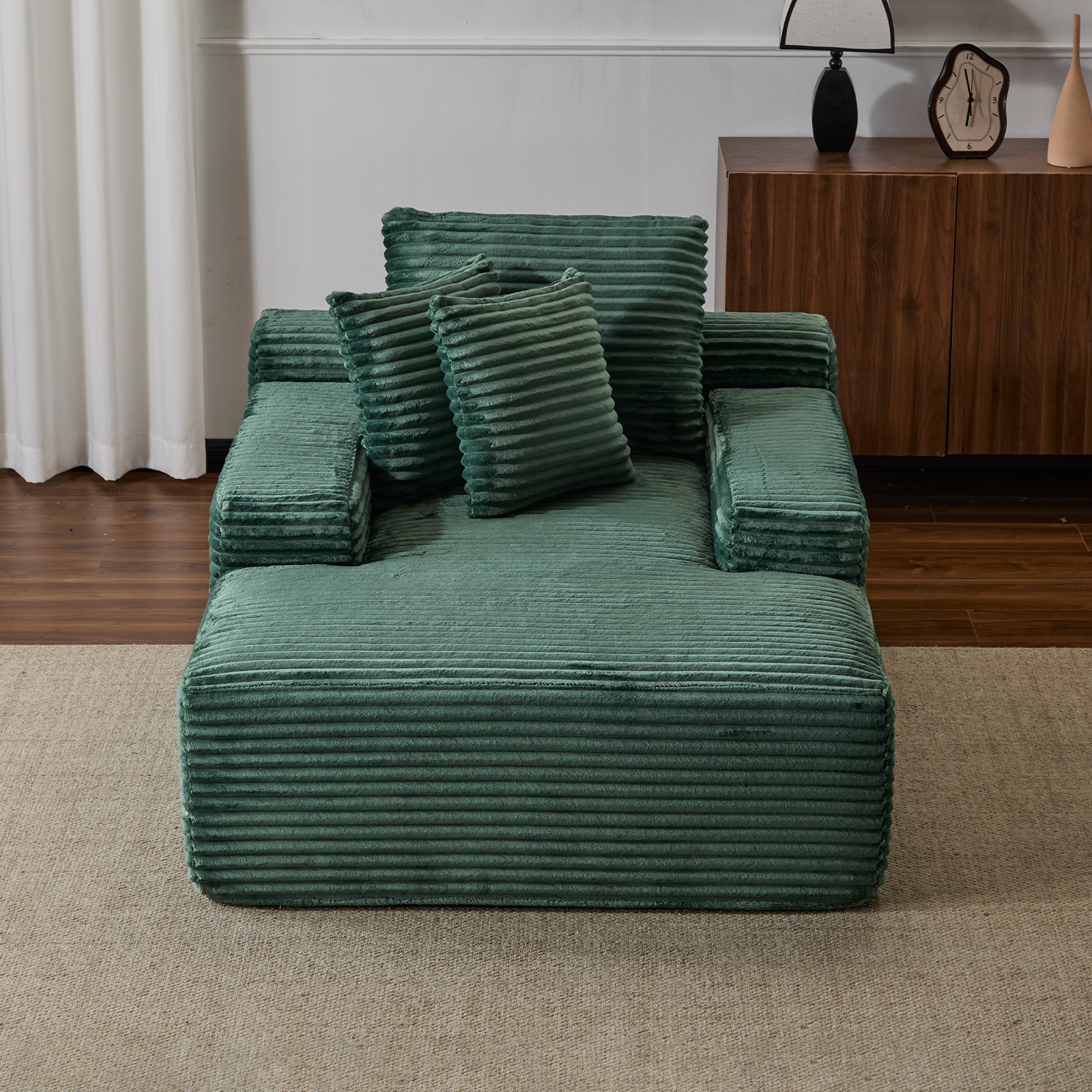 Silla Chaise Longue Sobredimensionada Cómoda Nube, Sofá Moderno con Tapizado de Terciopelo Acanalado Mullido, Sofá Cama Diván con 3 Cojines Decorativos y Reposabrazos Anchos para Sala de Estar, Sin Ensamblaje Requerido, Verde