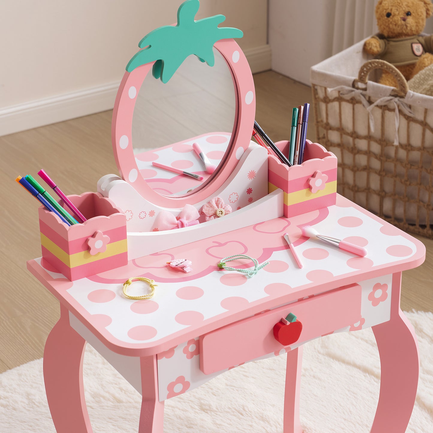 White MDF Spray-painted 1-drawer 2-desktop Storage Box Children's Dressing Table Set With Apple Print