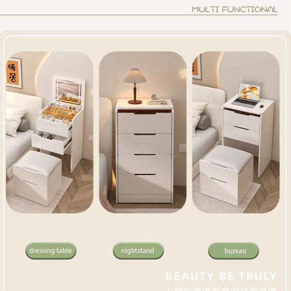 Tocador 3 en 1 con Espejo Giratorio e Iluminación, Pequeño Conjunto de Tocador para Maquillaje con Tablero de Mesa de Vidrio para Visión, 3 Cajones, Taburete de Almacenamiento, Espejo Iluminado de 3 Colores, Tocador para Dormitorio en Espacios Pequeños