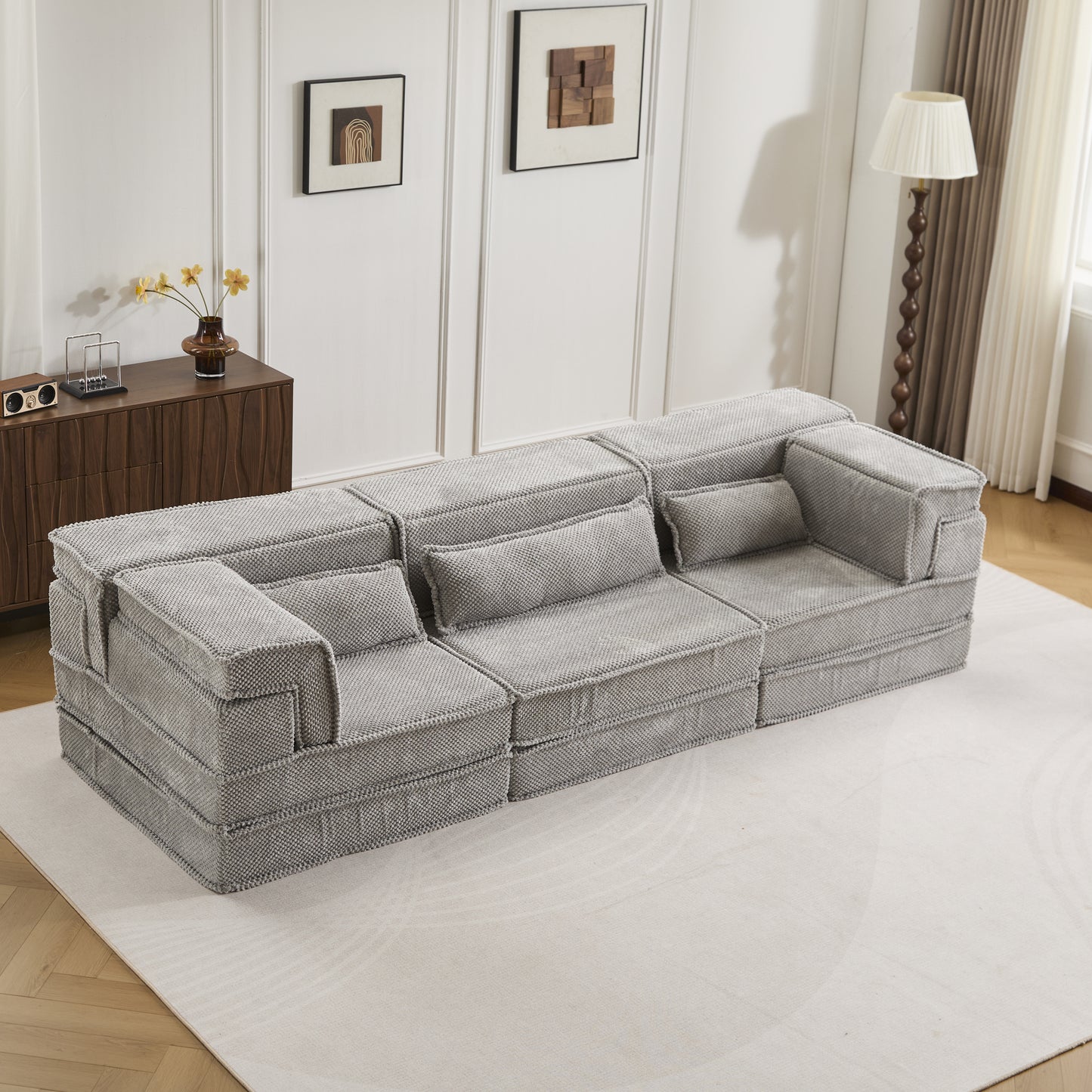 Compression Mahjong Sofa,Convertible Floor Sofa Bed,DIY Boneless Modular Sectional Sofa,No Assembly Required,Circle Fleece Fabric,Oversized 3 Seater With 3 Pillows,Light-Grey