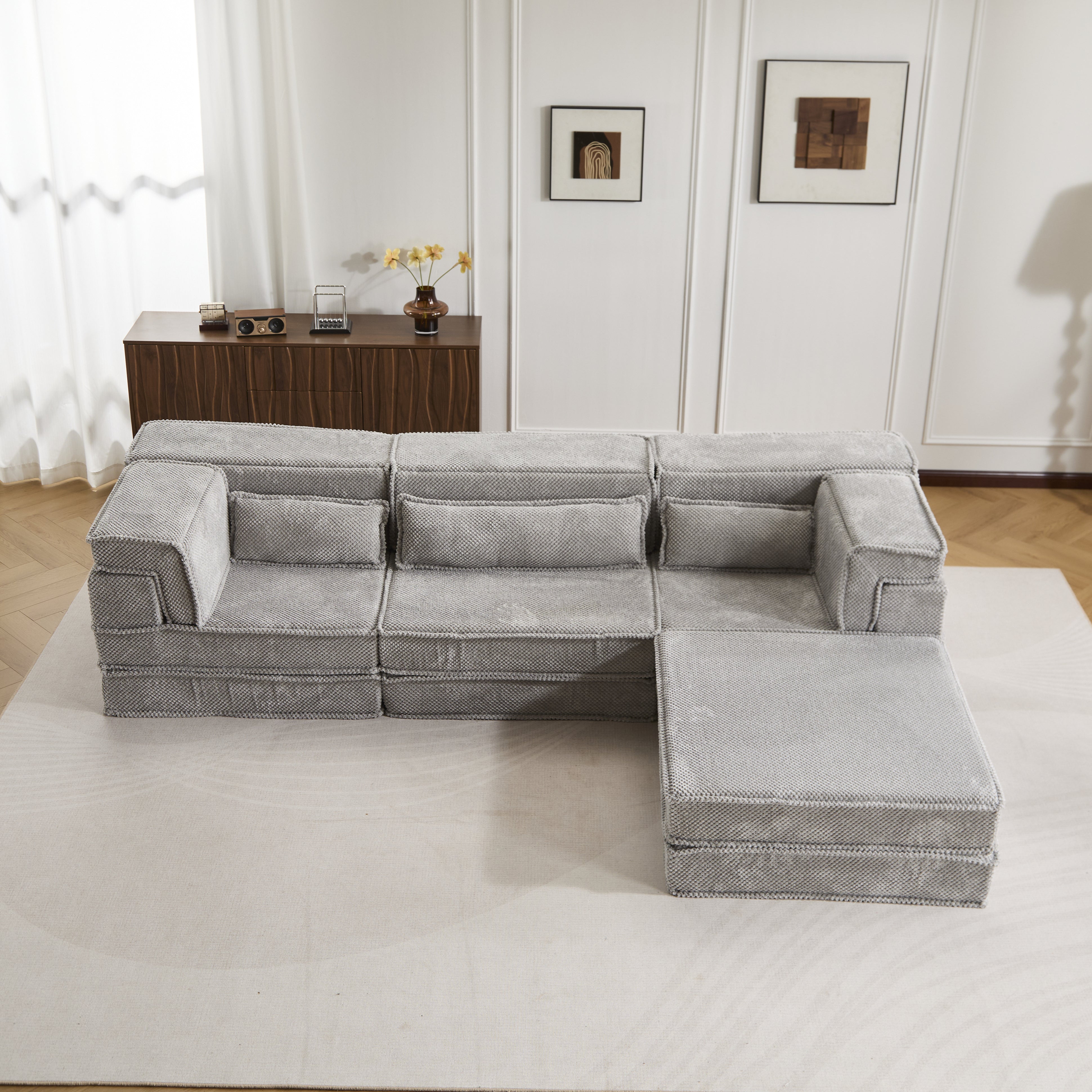 Sofá Mahjong de Compresión, Sofá Cama Convertible para el Suelo, Sofá Seccional Modular sin Huesos DIY, Sin Ensamblaje Requerido, Tejido de Felpa Circular, Tres Plazas Sobredimensionado con 1 Otomana, Gris Claro