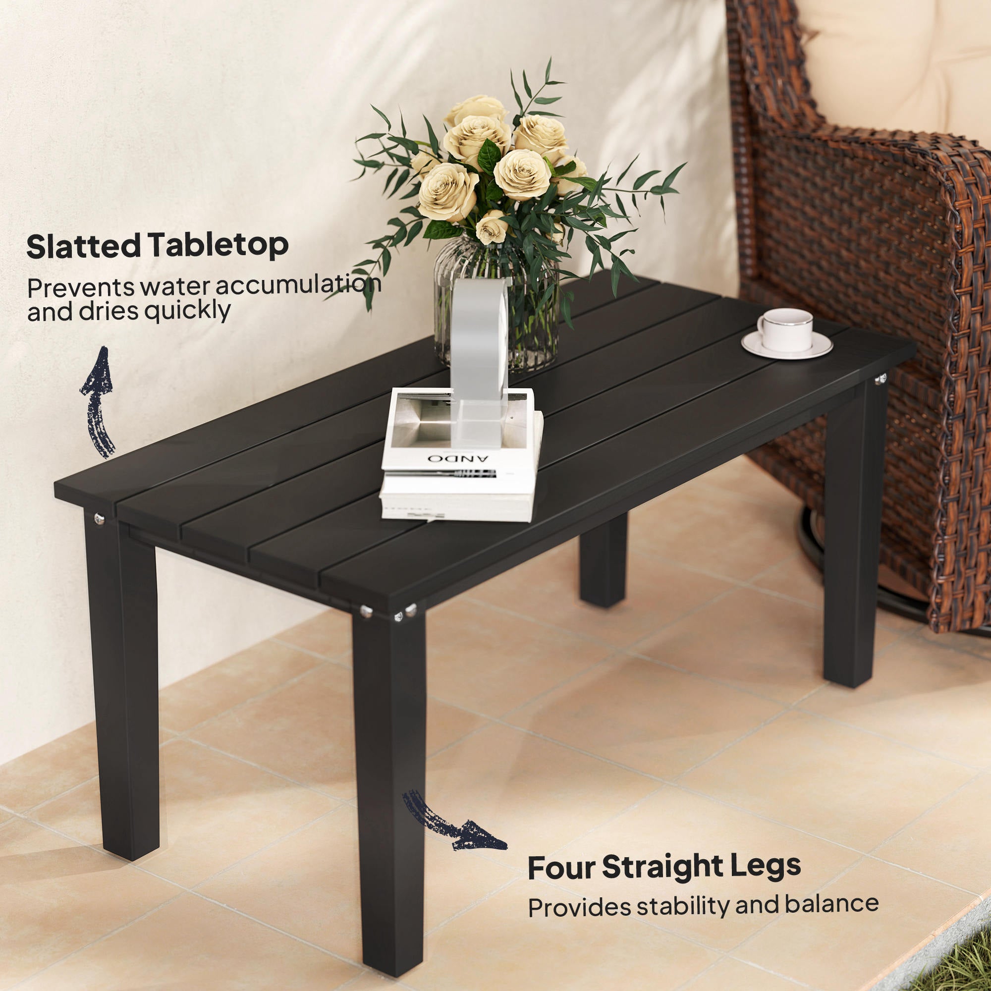 Mesa de Café Exterior Rectangular, Mesa de Patio Exterior Resistente a Todas las Inclemencias del Tiempo en HDPE con Superficie de Mesa con Listones para Jardín, Balcón, Negro