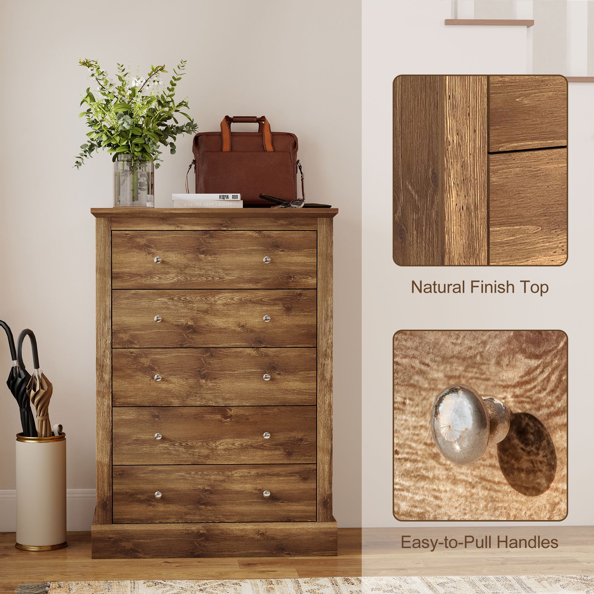 Cómoda de Granja Ancha de 31 Pulgadas con 5 Cajones, Mueble para Dormitorio con Superficie de Madera para Sala de Estar, Marrón