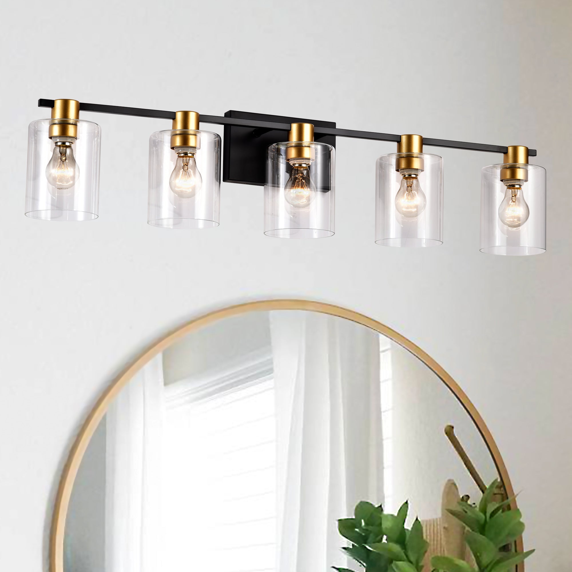 Luminarias de baño de 5 luces en color negro mate y dorado mate, luces de tocador modernas con pantalla de vidrio, luminaria vintage para baño sobre el espejo, luces de pared para cocina, comedor, dormitorio y pasillo