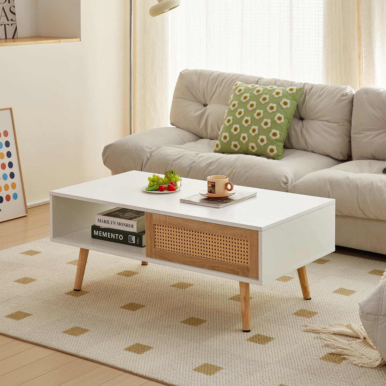 Mesa de Café de Ratán con Puerta Corredera y Patas de Madera Maciza - Sala de Estar Moderna